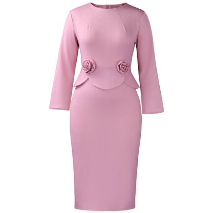 Womens Fashion Round Neck Long Sleeve Solid Color Stereo Flower Dress