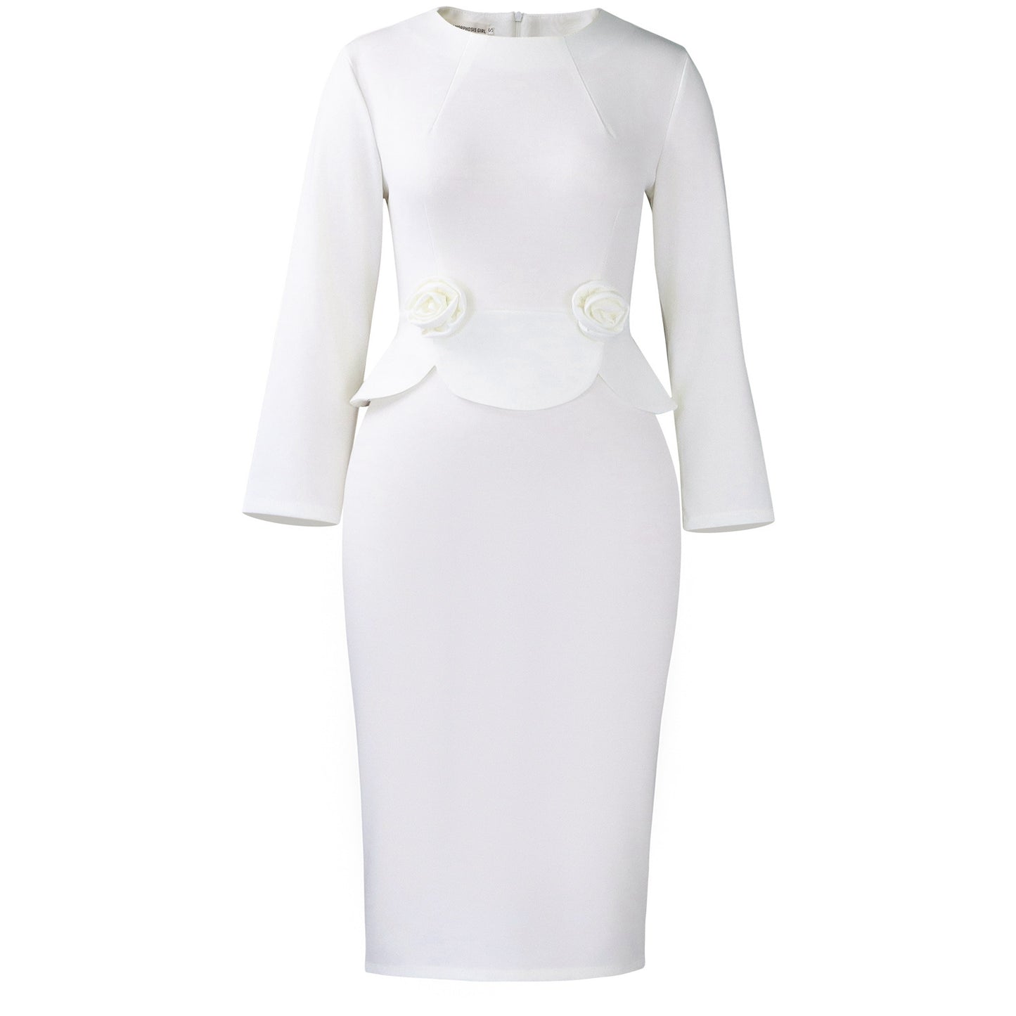 Womens Fashion Round Neck Long Sleeve Solid Color Stereo Flower Dress