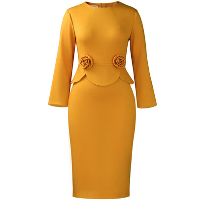 Womens Fashion Round Neck Long Sleeve Solid Color Stereo Flower Dress