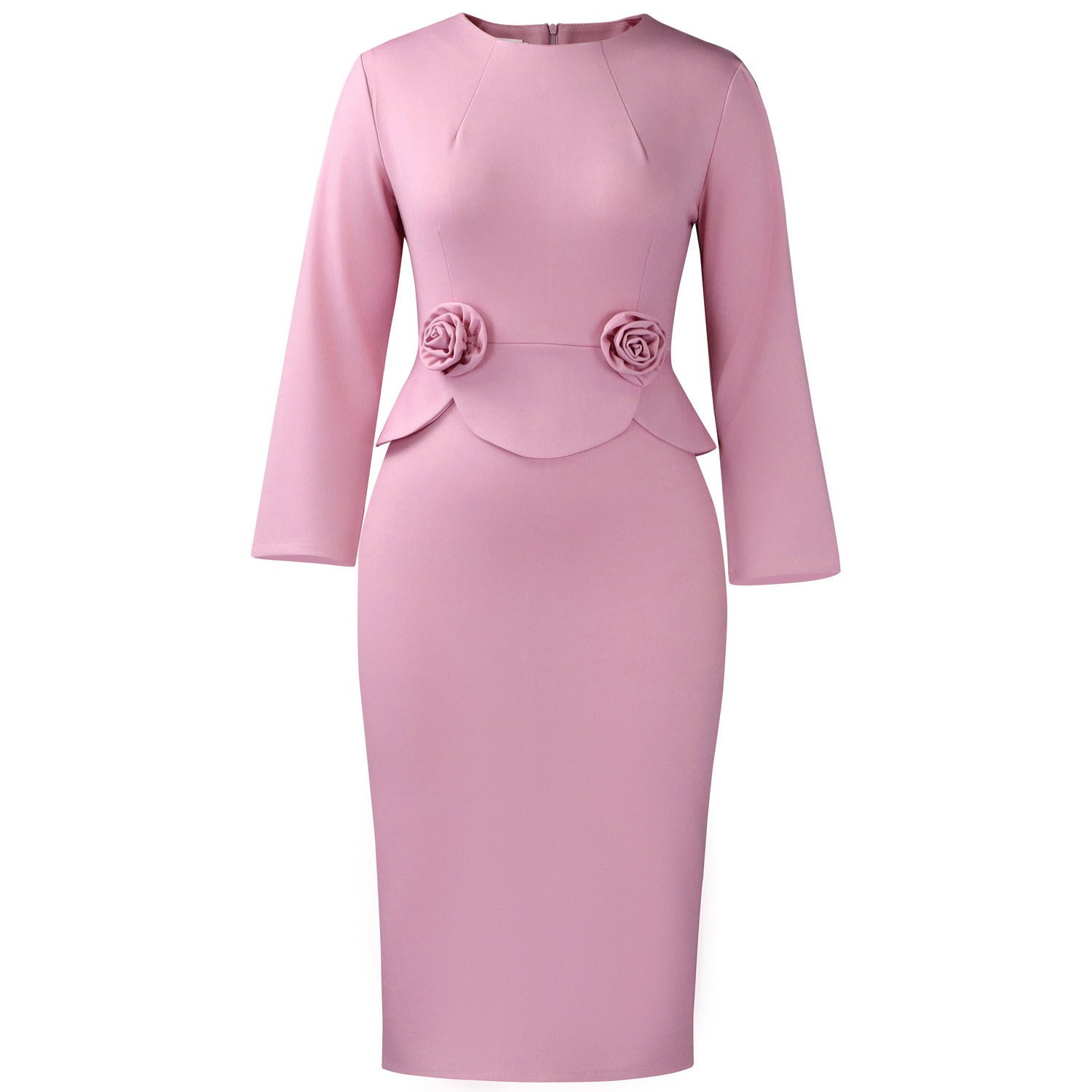 Womens Fashion Round Neck Long Sleeve Solid Color Stereo Flower Dress