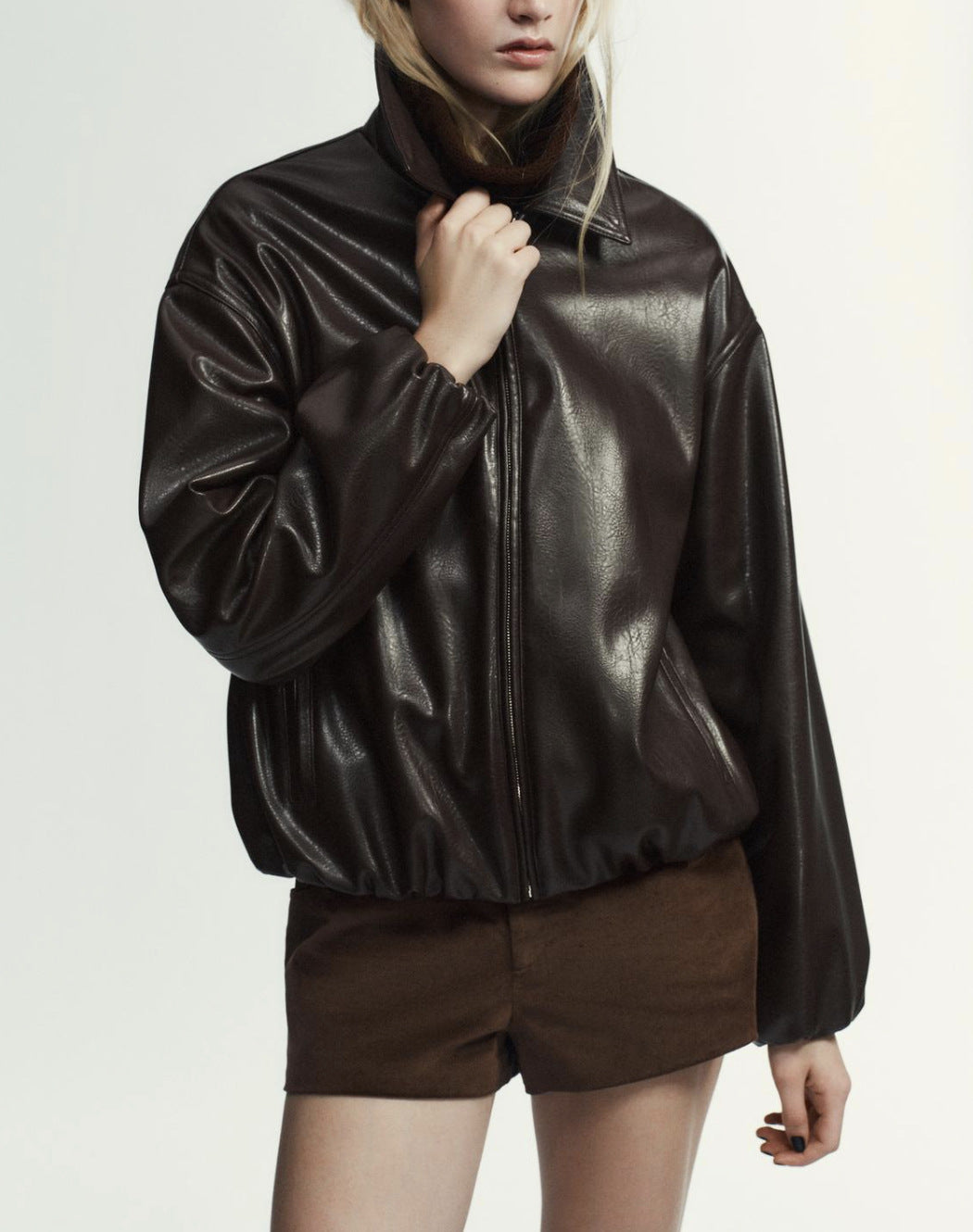 Womens Faux Leather Lapel Jacket