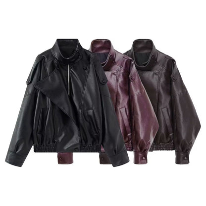 Womens Faux Leather Stand Collar Long Sleeve Dress