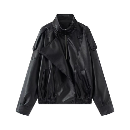 Womens Faux Leather Stand Collar Long Sleeve Dress