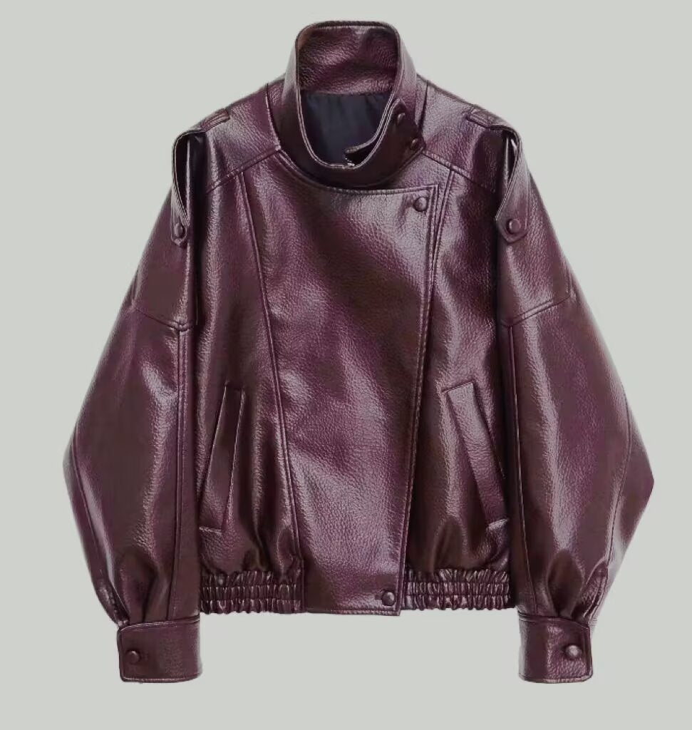 Womens Faux Leather Stand Collar Long Sleeve Dress