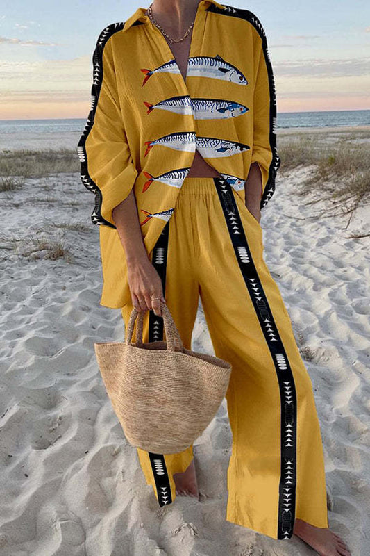 Womens Fish Pattern Casual Suit Loose Wide Leg Pants Set