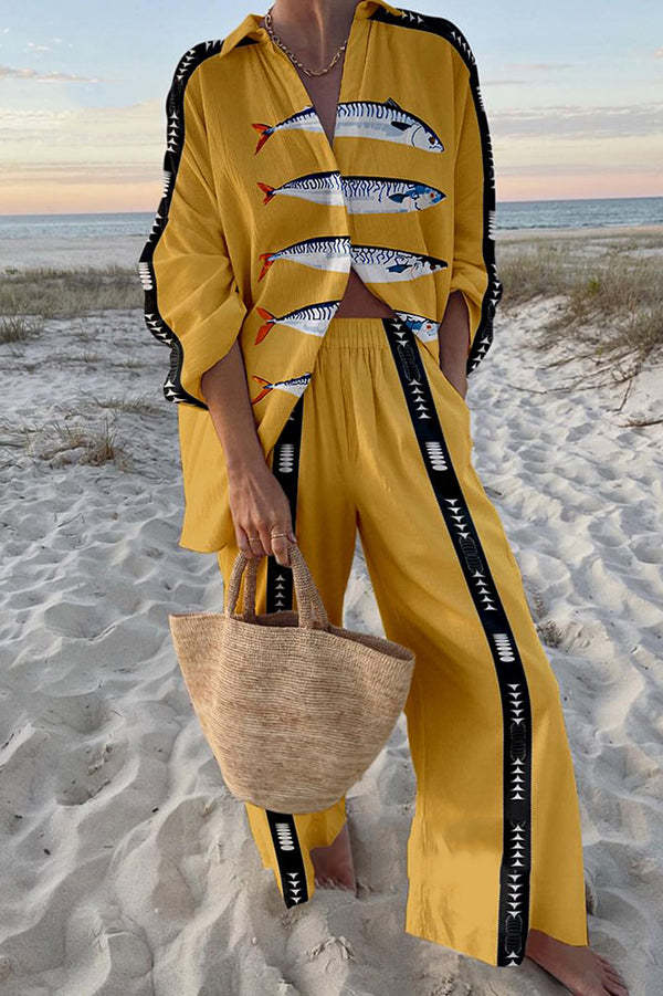 Womens Fish Pattern Casual Suit Loose Wide Leg Pants Set