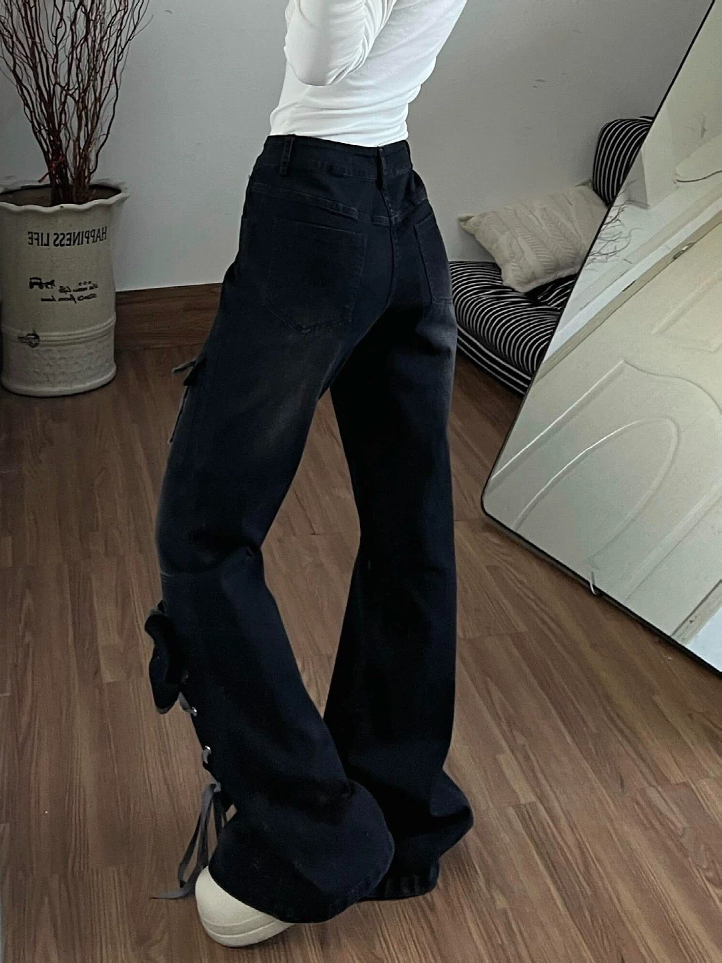 Womens Flared Denim Pants with Bow Detail