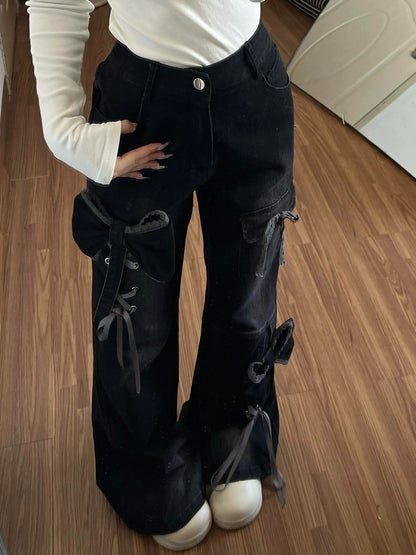 Womens Flared Denim Pants with Bow Detail