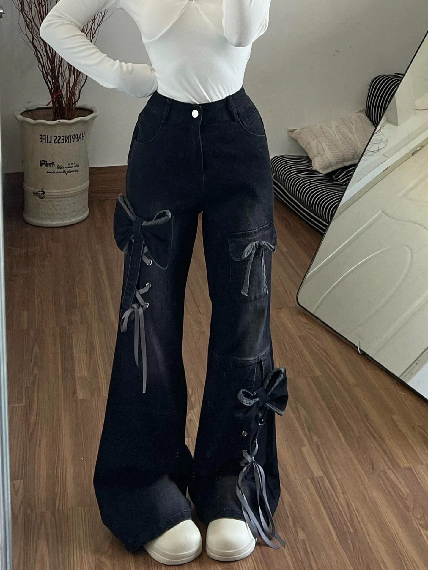 Womens Flared Denim Pants with Bow Detail