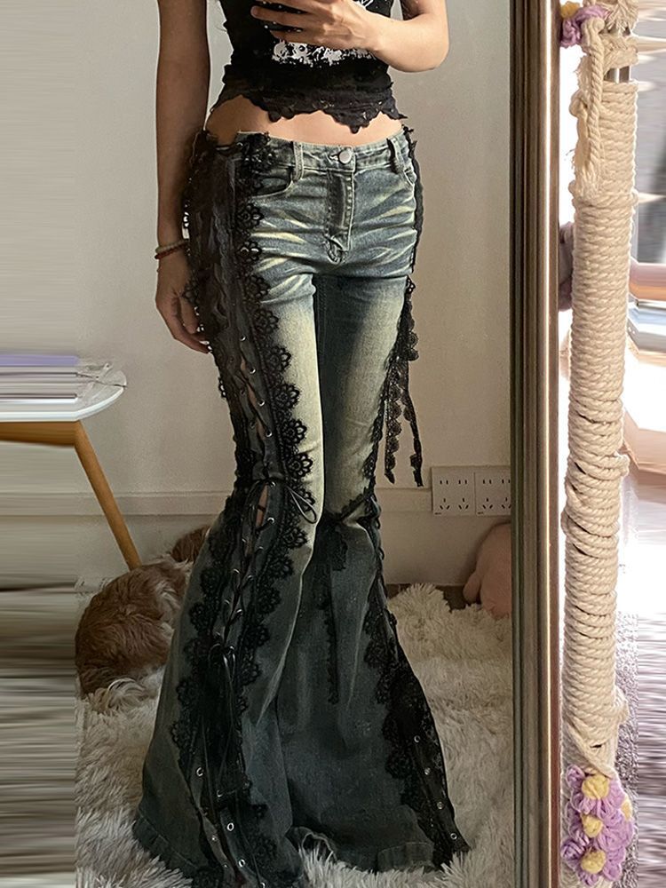 Womens Flared Denim Pants with Lace