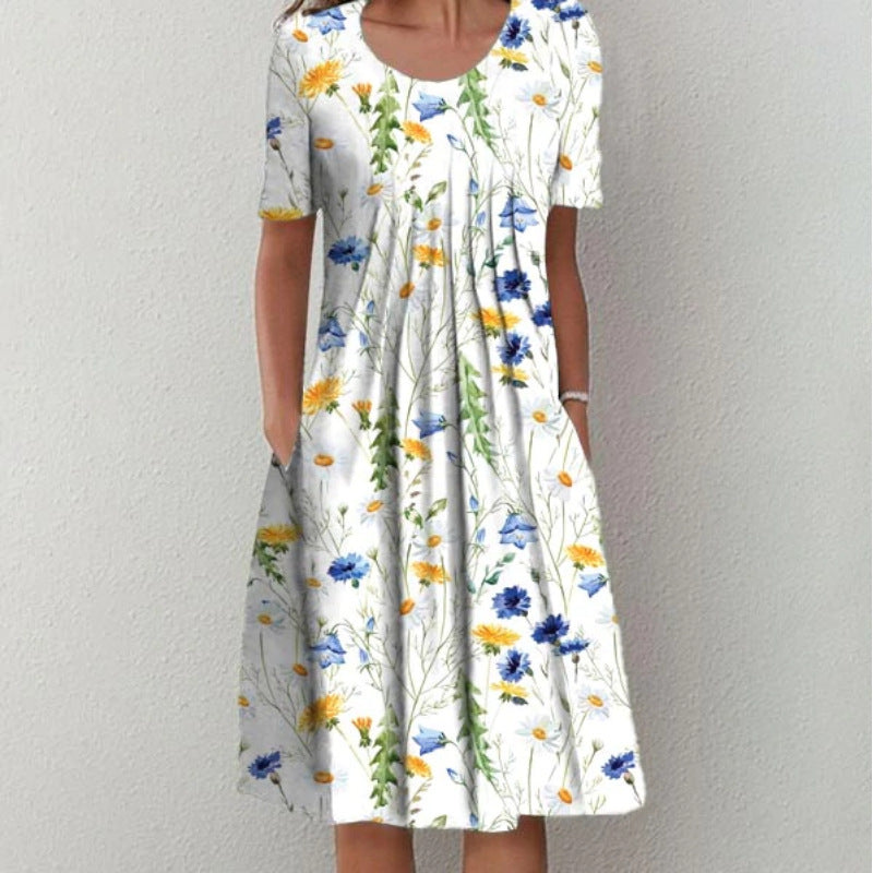 Womens Flared Printed Short Sleeve Dress