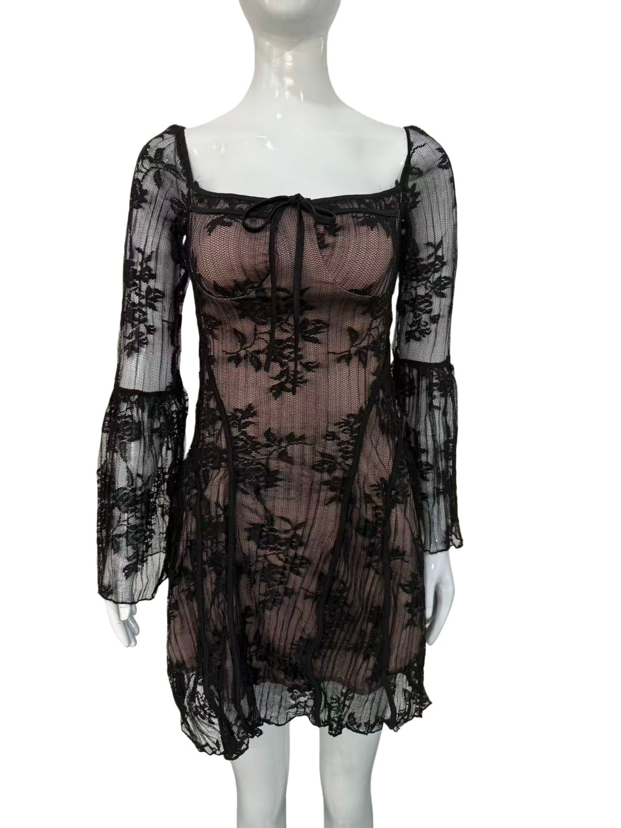 Womens Flared Sleeve Lace Dress