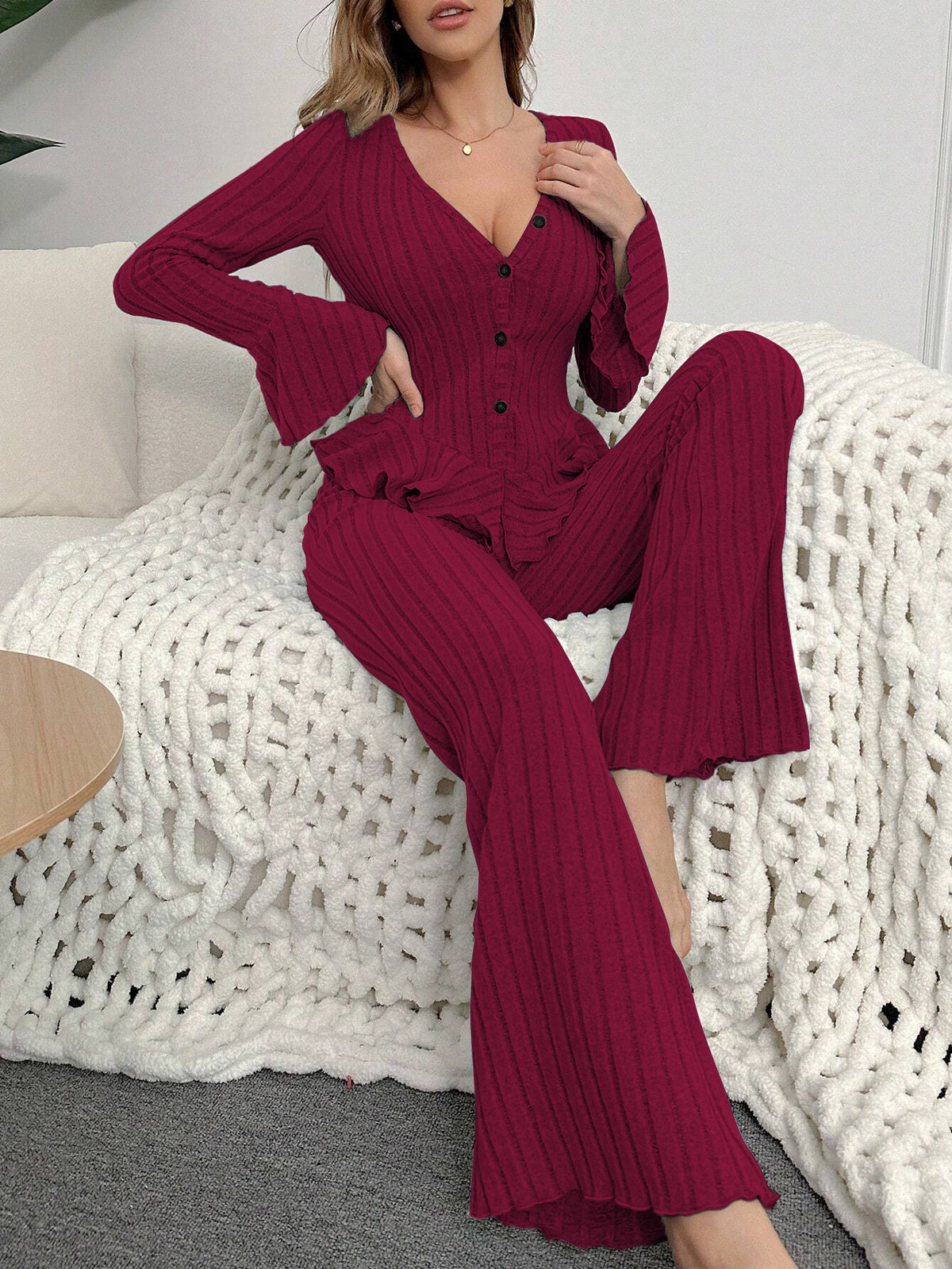 Womens Fleece Pajama Set with Ruffles