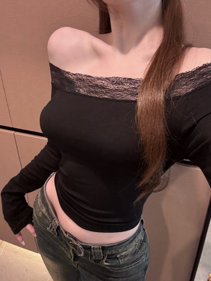 Womens Floral One-Shoulder Lace T-Shirt