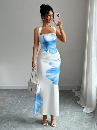 Womens Floral Print Halter Neck Dress