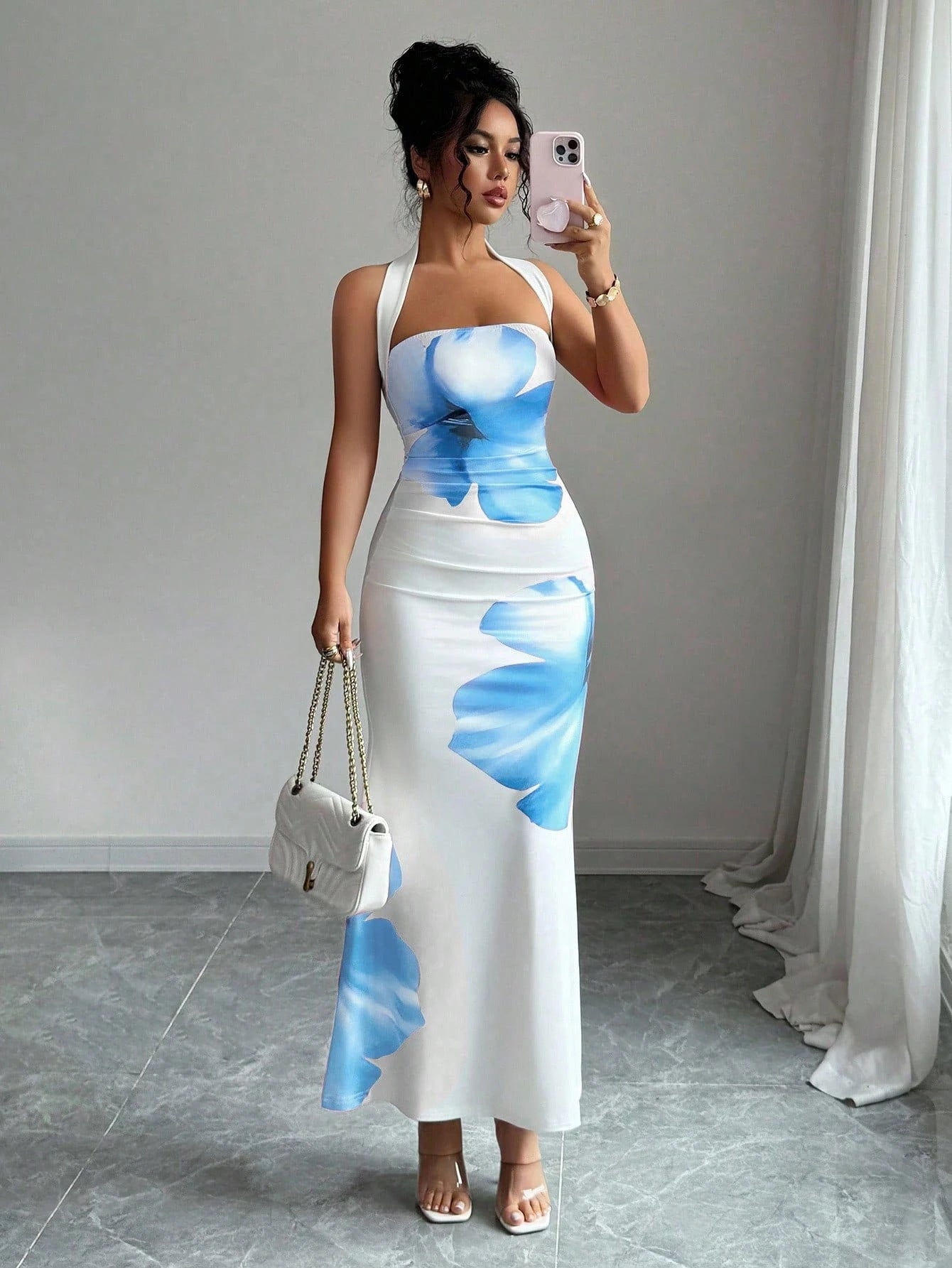 Womens Floral Print Halter Neck Dress