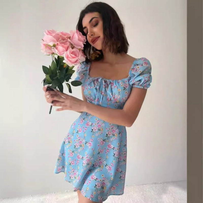 Womens Floral Print Puff Sleeve Dress