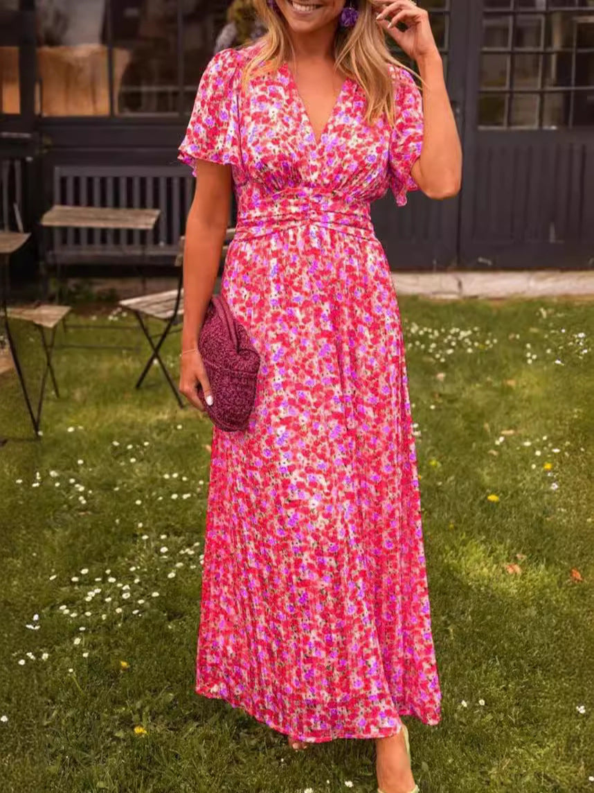 Womens Floral Print V-Neck Dress