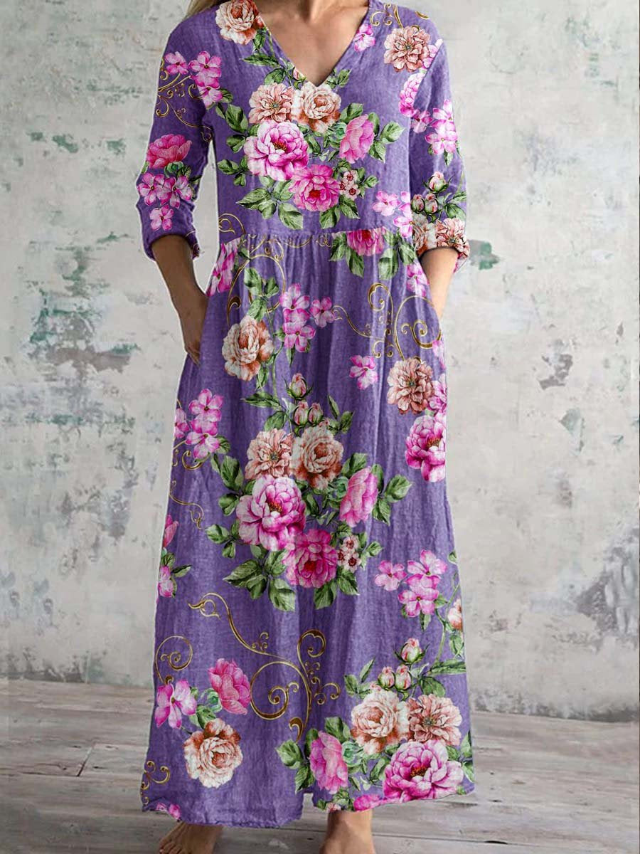 Womens Floral Print V-neck Dress