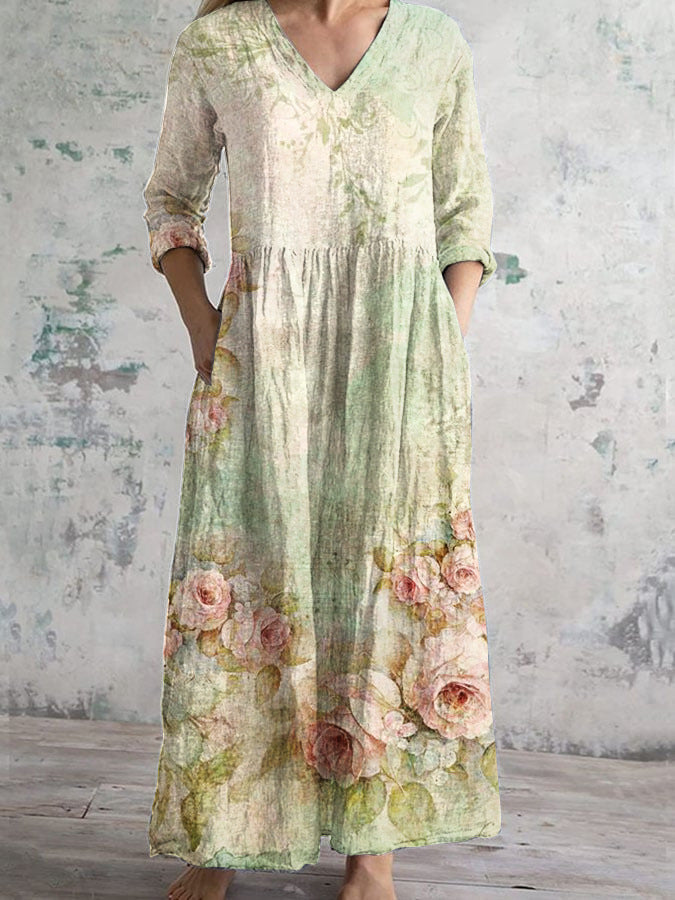 Womens Floral Print V-neck Dress