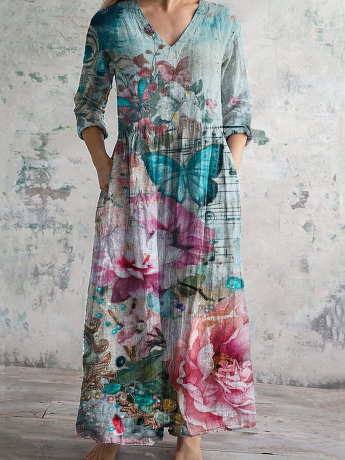 Womens Floral Print V-neck Dress