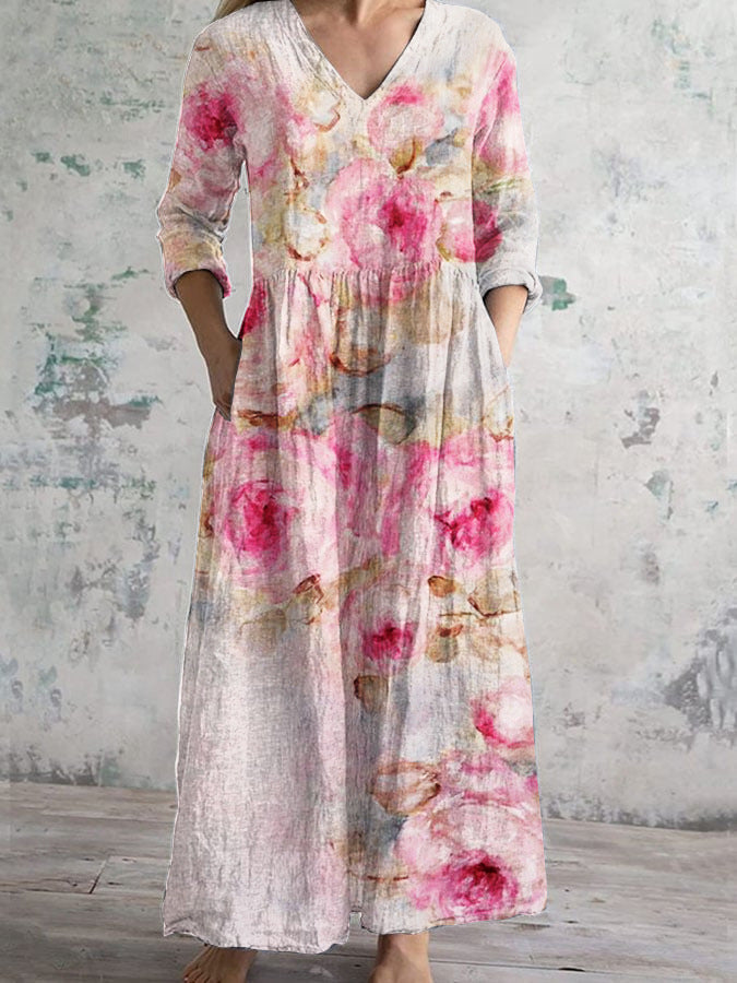Womens Floral Print V-neck Dress