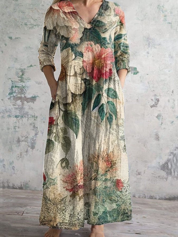 Womens Floral Print V-neck Dress