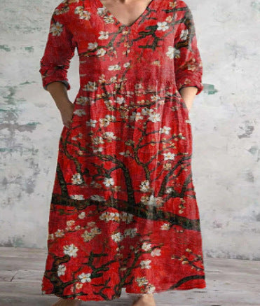 Womens Floral Print V-neck Dress