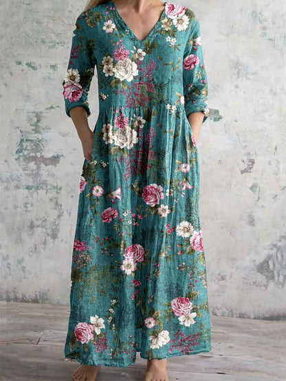 Womens Floral Print V-neck Dress