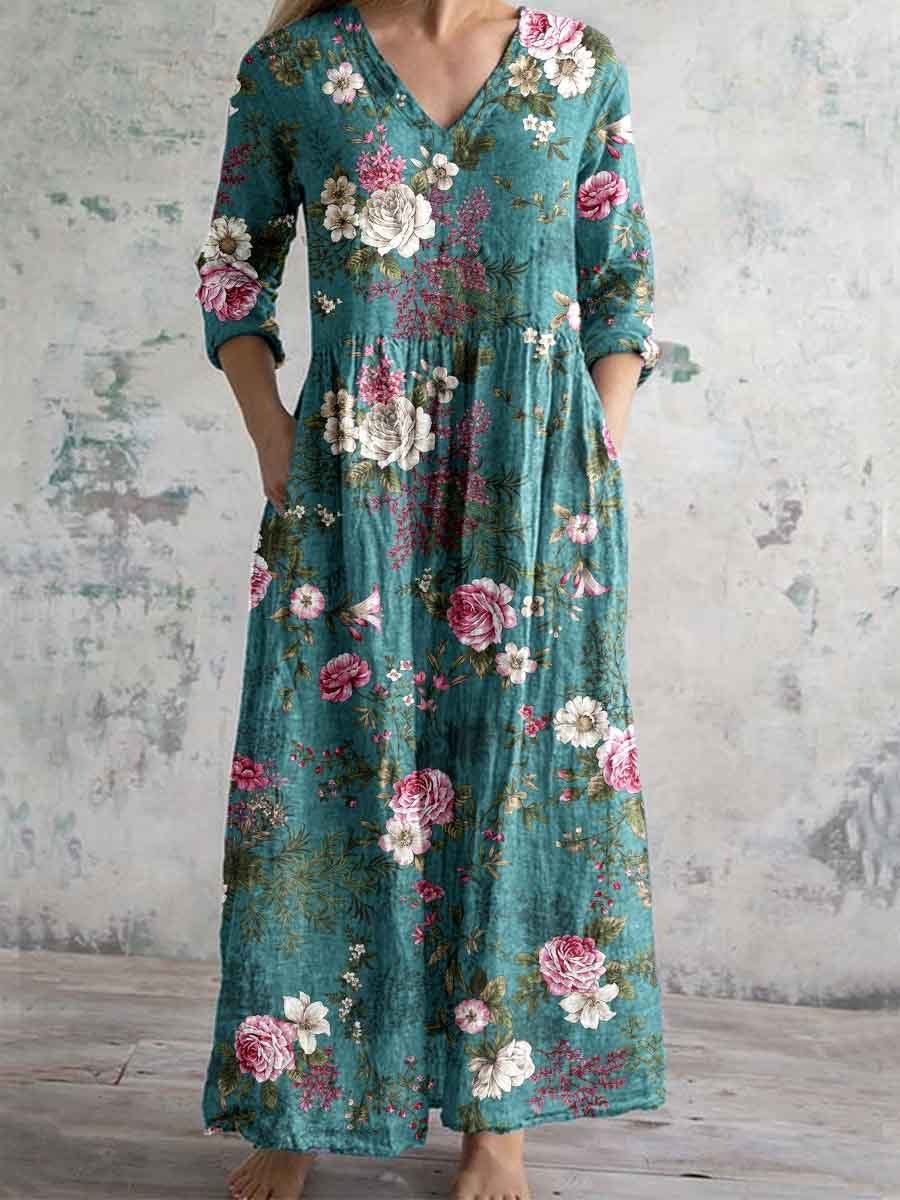 Womens Floral Print V-neck Dress