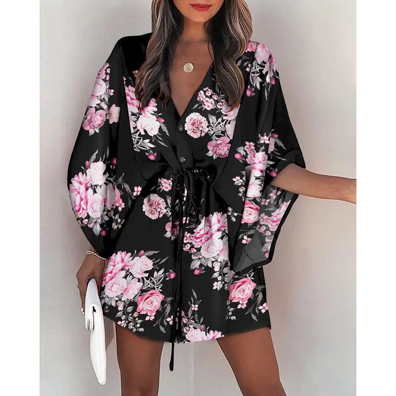 Womens Floral Print V-Neck Dress