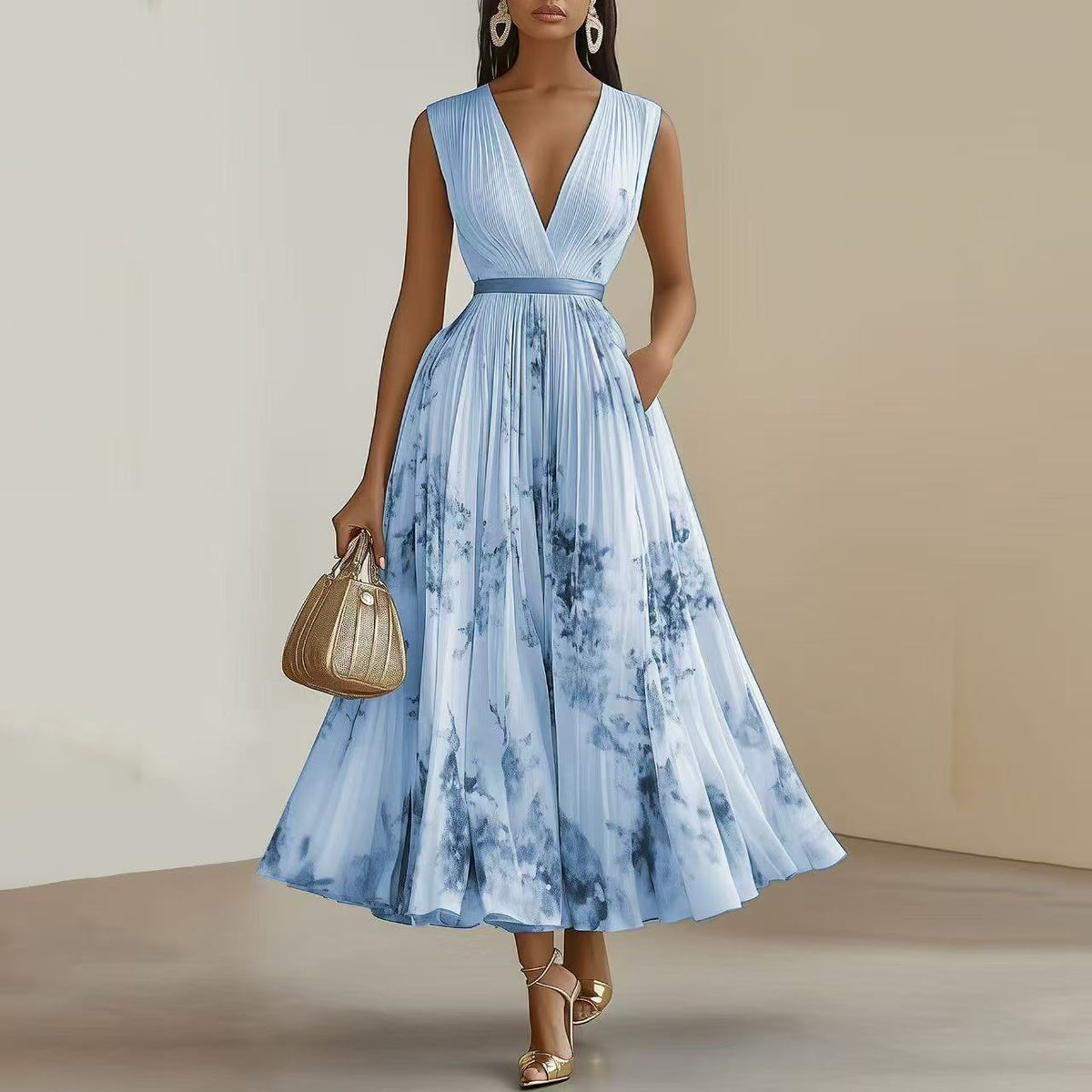 Womens Floral Print V-Neck Pleated Long Dress