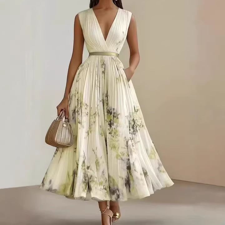 Womens Floral Print V-Neck Pleated Long Dress