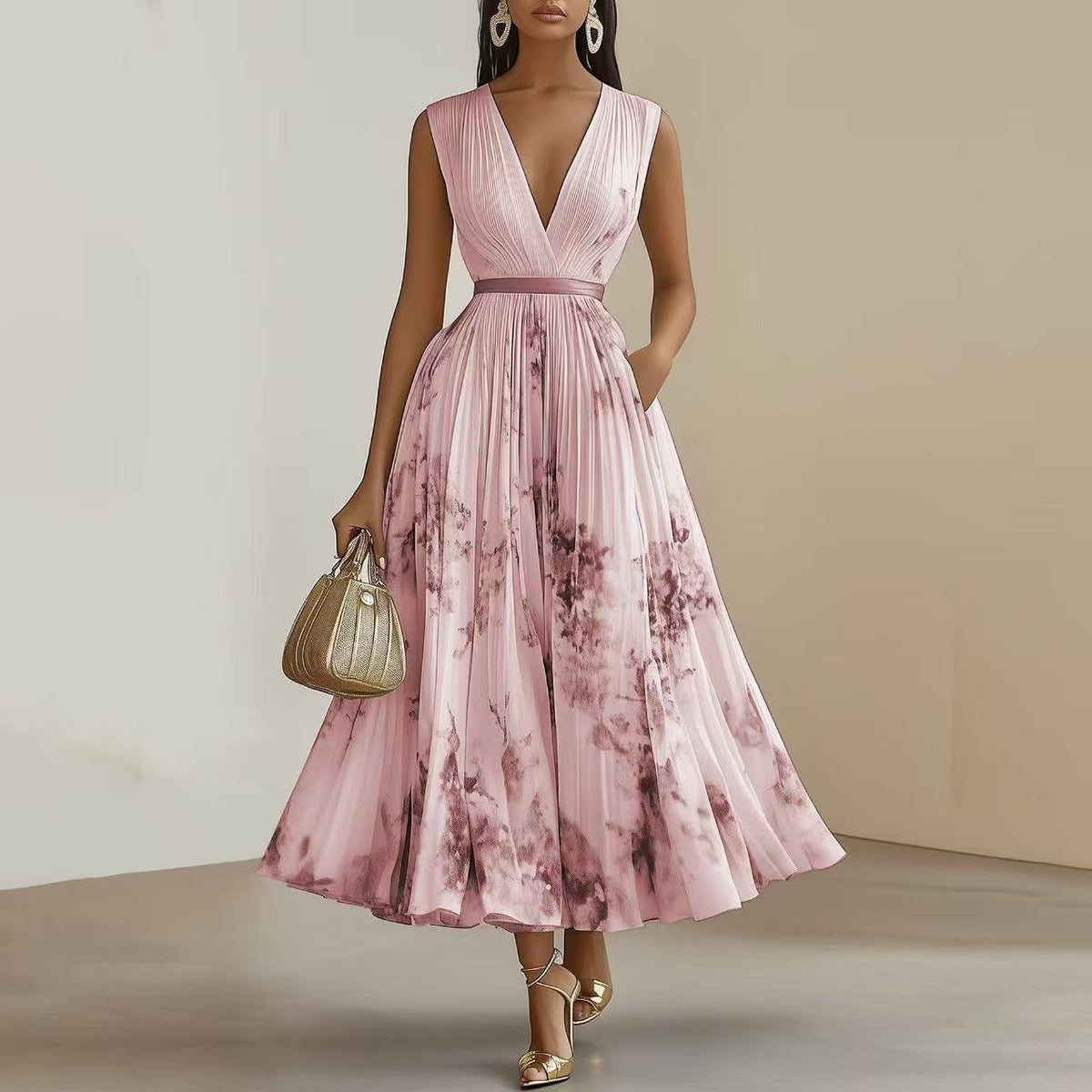 Womens Floral Print V-Neck Pleated Long Dress