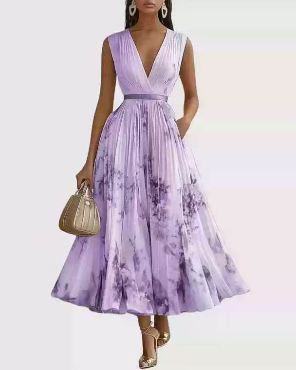 Womens Floral Print V-Neck Pleated Long Dress
