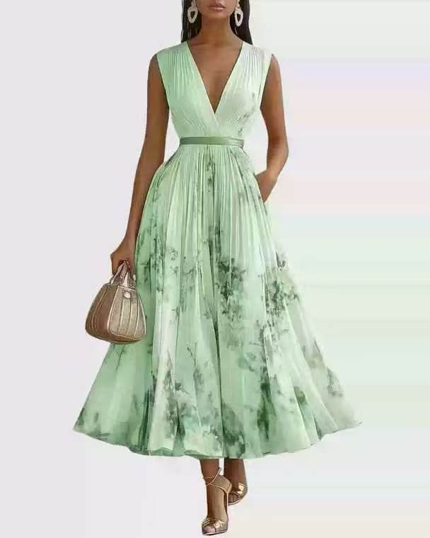 Womens Floral Print V-Neck Pleated Long Dress