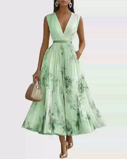 Womens Floral Print V-Neck Pleated Long Dress