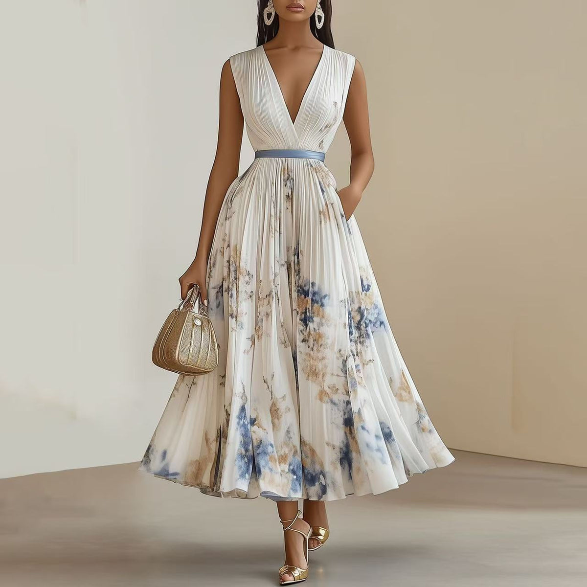 Womens Floral Print V-Neck Pleated Long Dress