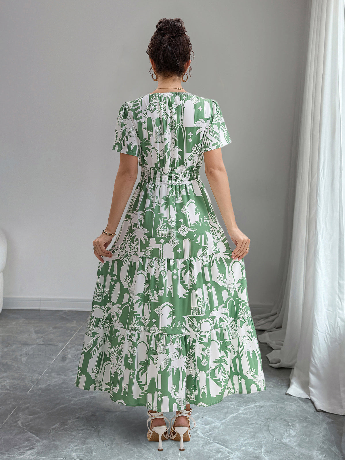 Womens Floral Print V-Neck Puff Sleeve Dress