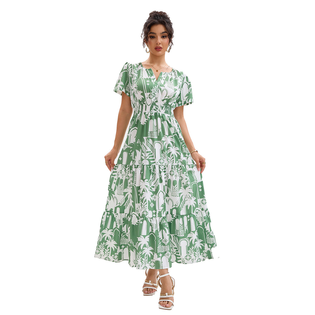 Womens Floral Print V-Neck Puff Sleeve Dress