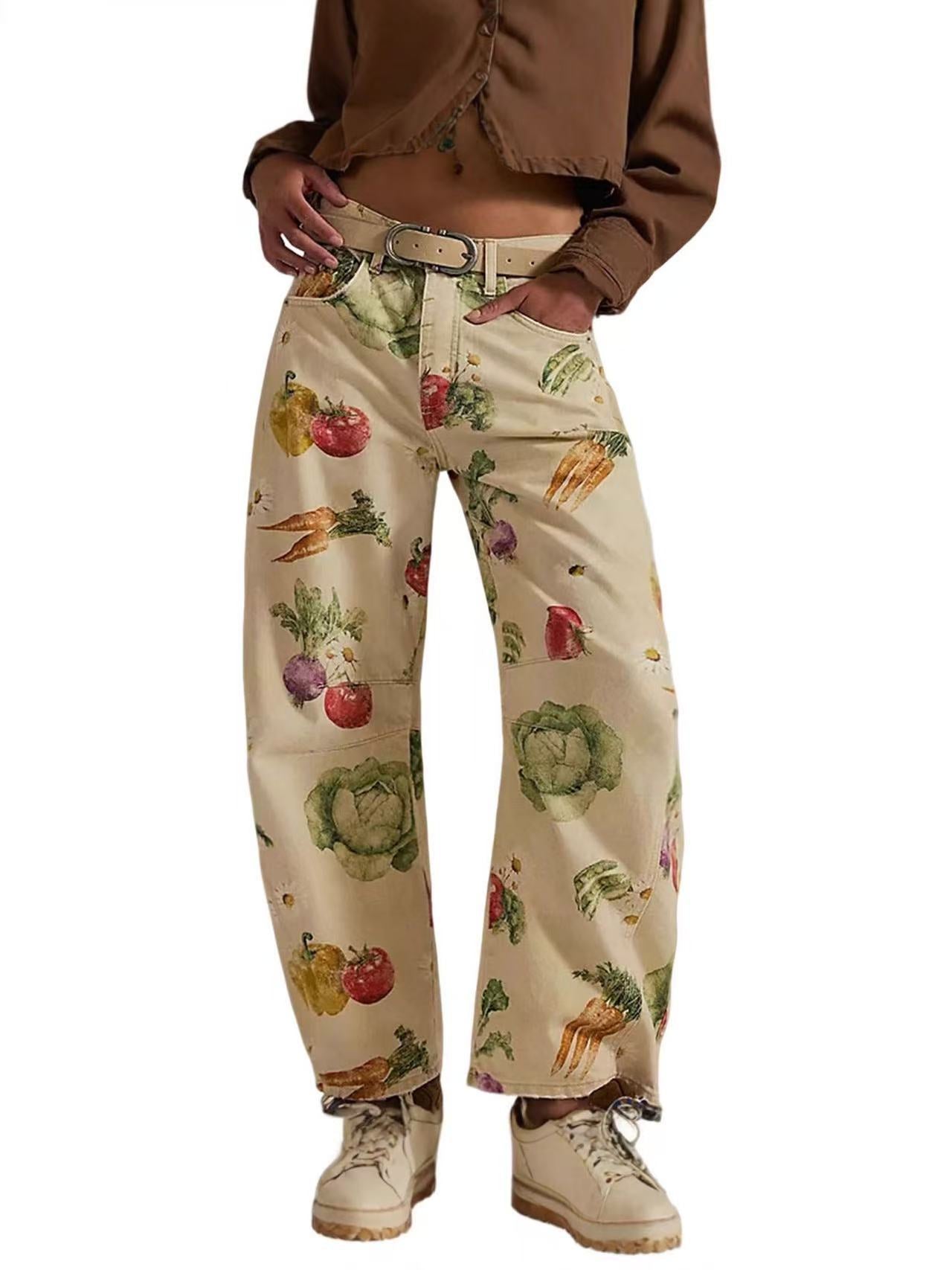 Womens Floral Printed Denim Cropped Pants