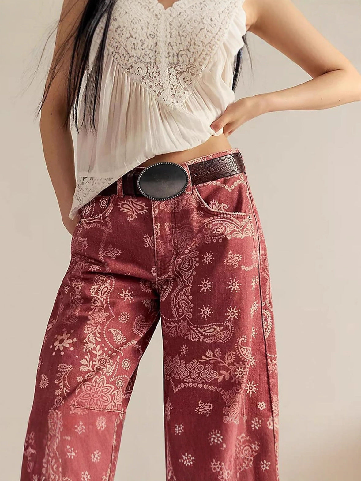 Womens Floral Printed Denim Cropped Pants