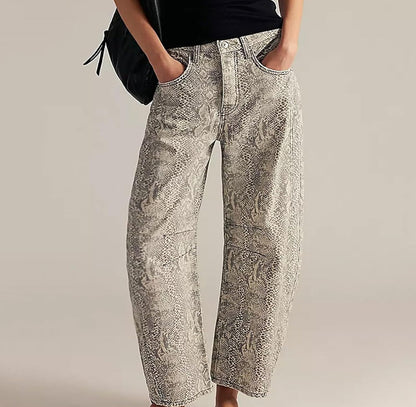 Womens Floral Printed Denim Cropped Pants