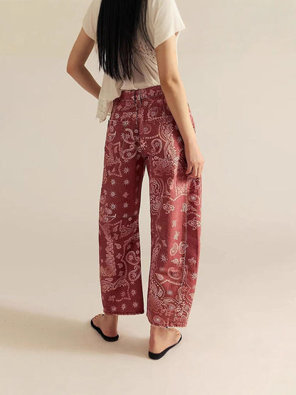 Womens Floral Printed Denim Cropped Pants