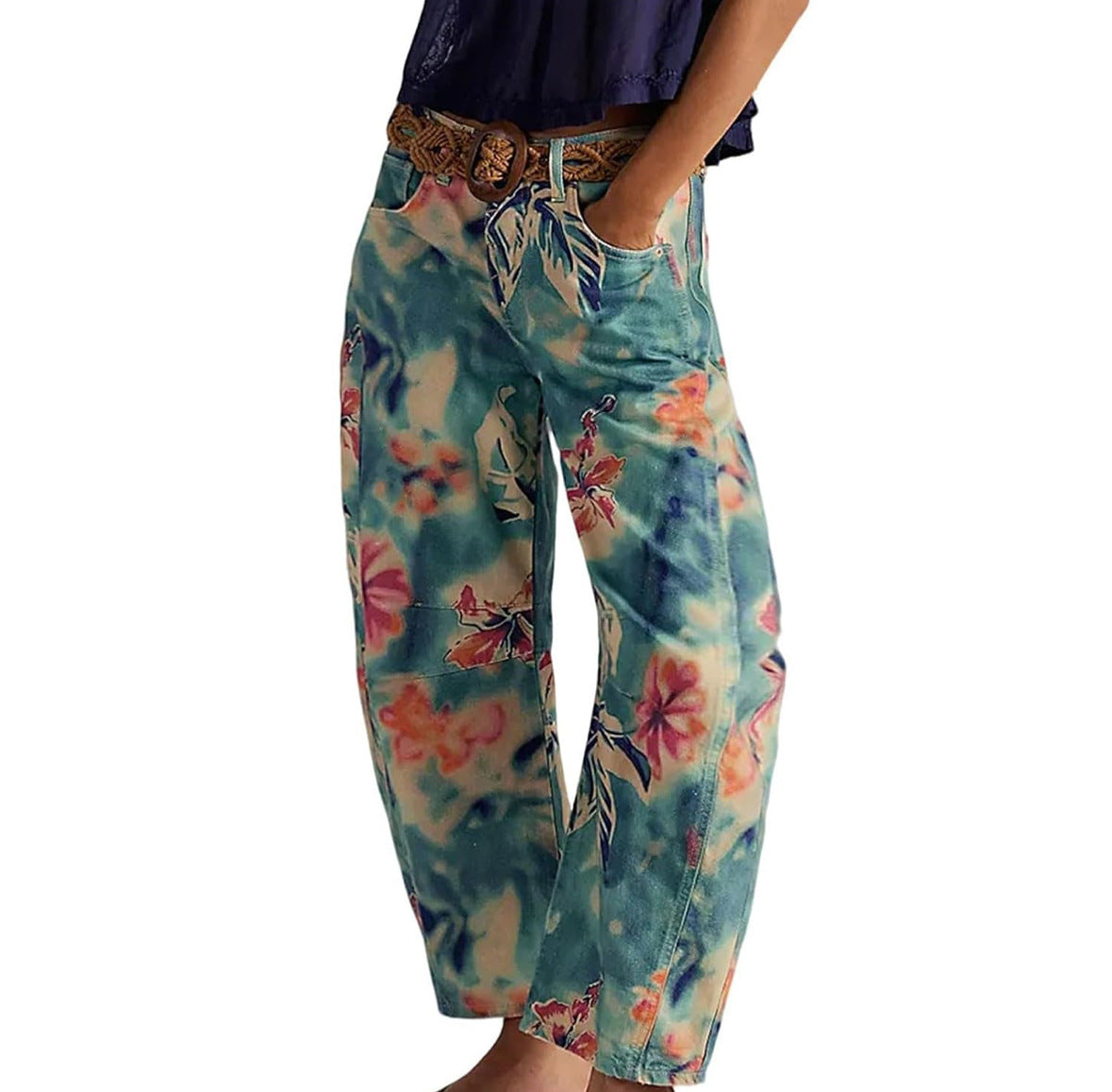 Womens Floral Printed Denim Cropped Pants