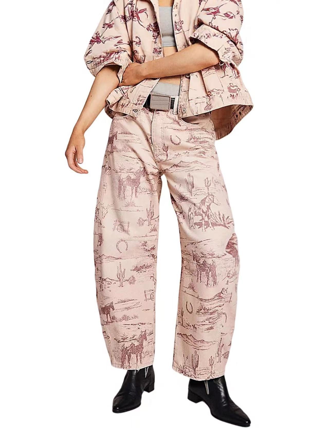 Womens Floral Printed Denim Cropped Pants