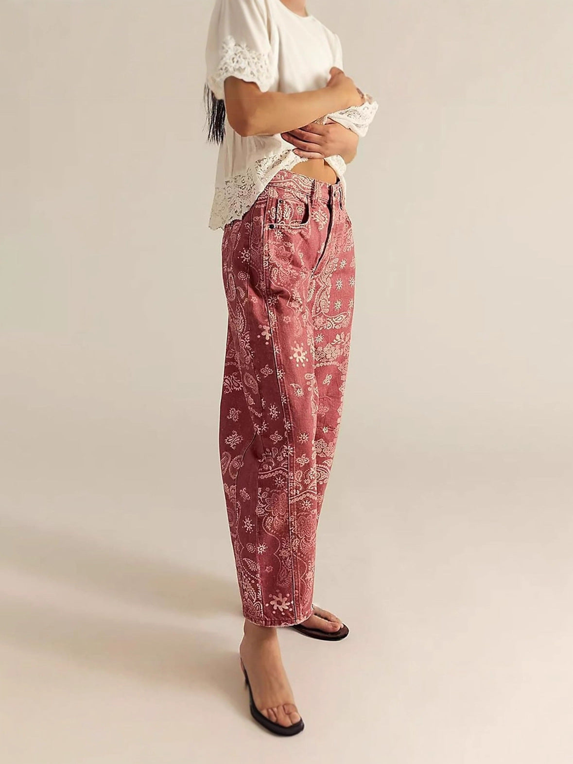 Womens Floral Printed Denim Cropped Pants