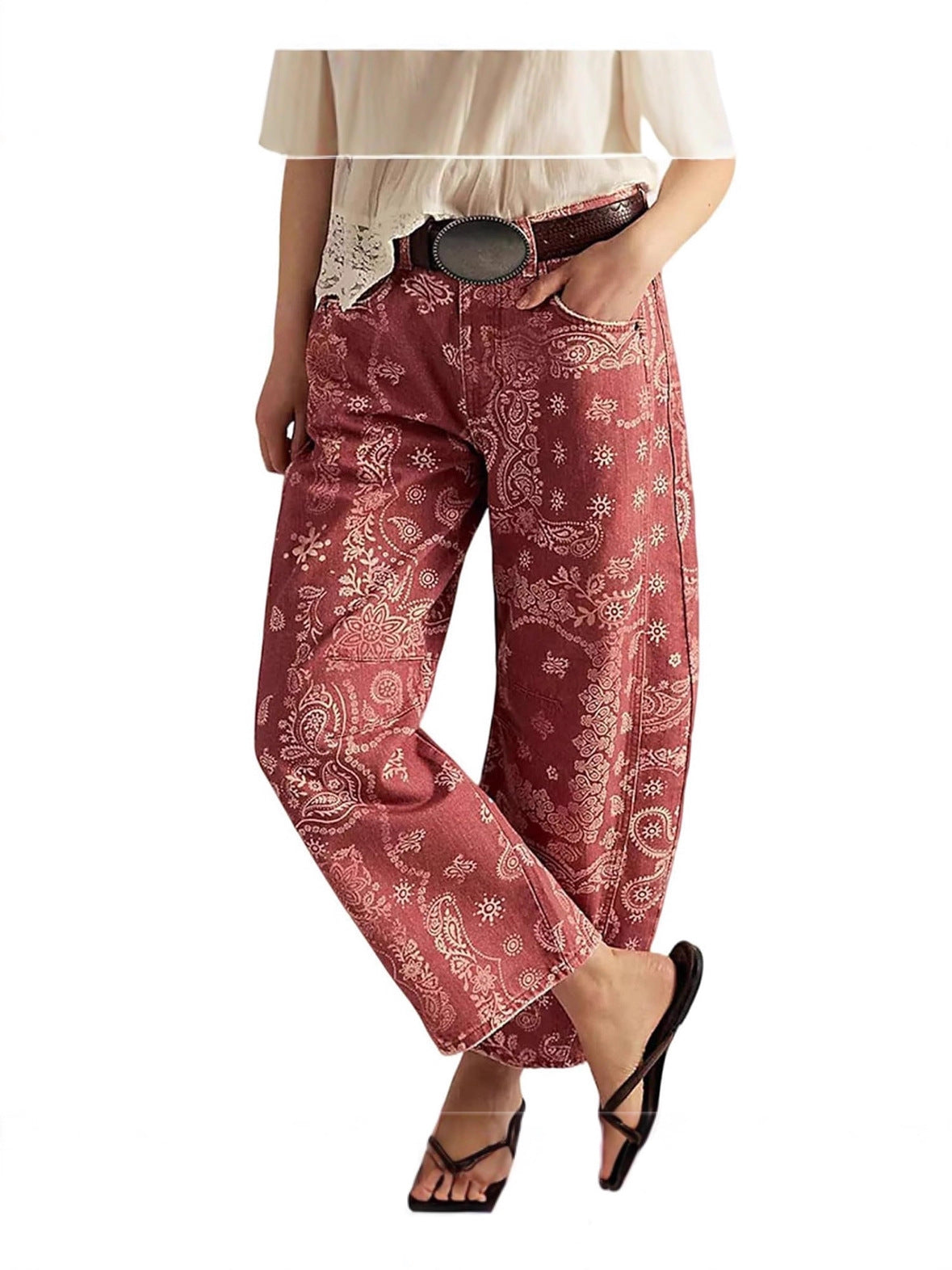 Womens Floral Printed Denim Cropped Pants