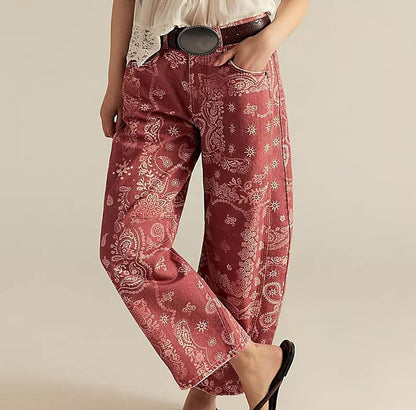 Womens Floral Printed Denim Cropped Pants