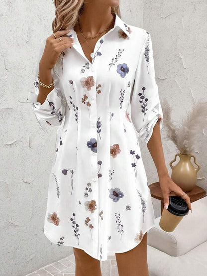 Womens Floral Printed Long Sleeve Lapel Button Dress